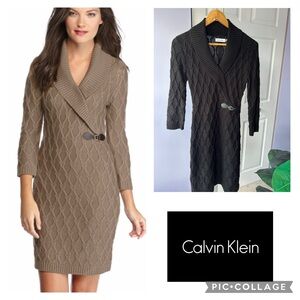 Calvin Klein Buckle-Detail Shawl Collar Cable-Knit Sweater Dress BLACK small
